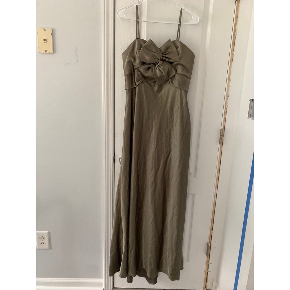 Jessica McClintock Olive Green Satin Bow Front Formal Gown Dress Sz 12